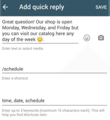 WhatsApp Business provides a quick reply option while setting up a WhatsApp Business account.