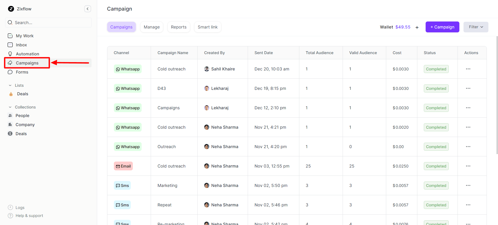 Highlighted campaign option in Zixflow.