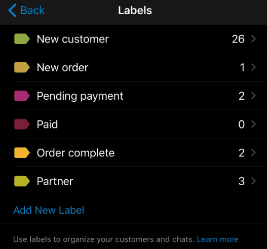 WhatsApp Business contact labels.