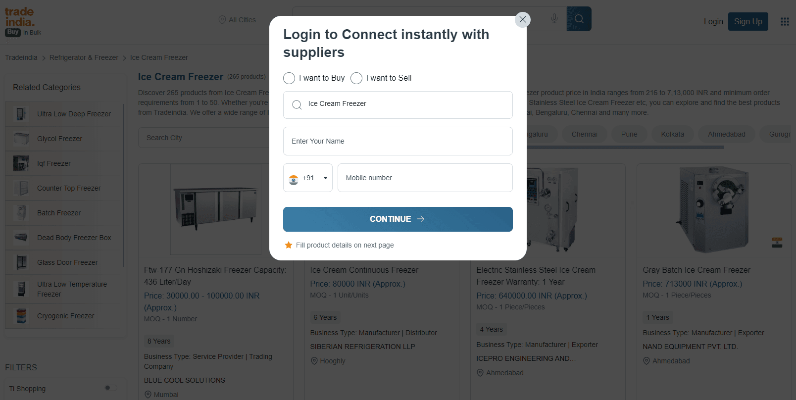 Trade India generates leads through automated pop-up forms made using B2B sales tools that gain relevant information like the name, contact details, intent, and product the user is looking for.