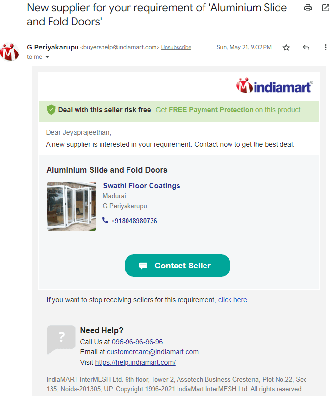 Indiamart sends sales engagement emails with an offer to convert a customer who was looking for aluminum doors to push for conversion.
