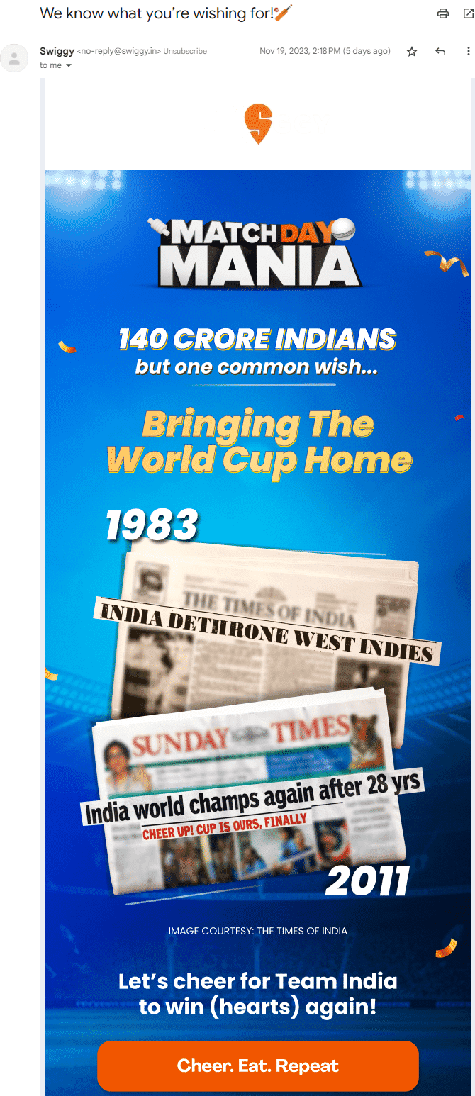 Swiggy uses sales tools to automate sending personalized emails in bulk to effectively engage with their customers.