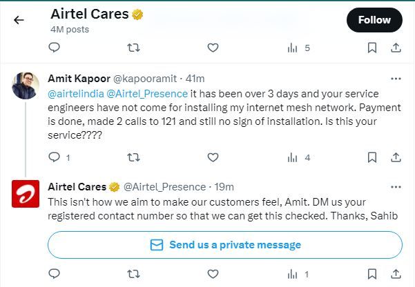 Airtel impressively values and cares for its customers by carefully following up with them.
