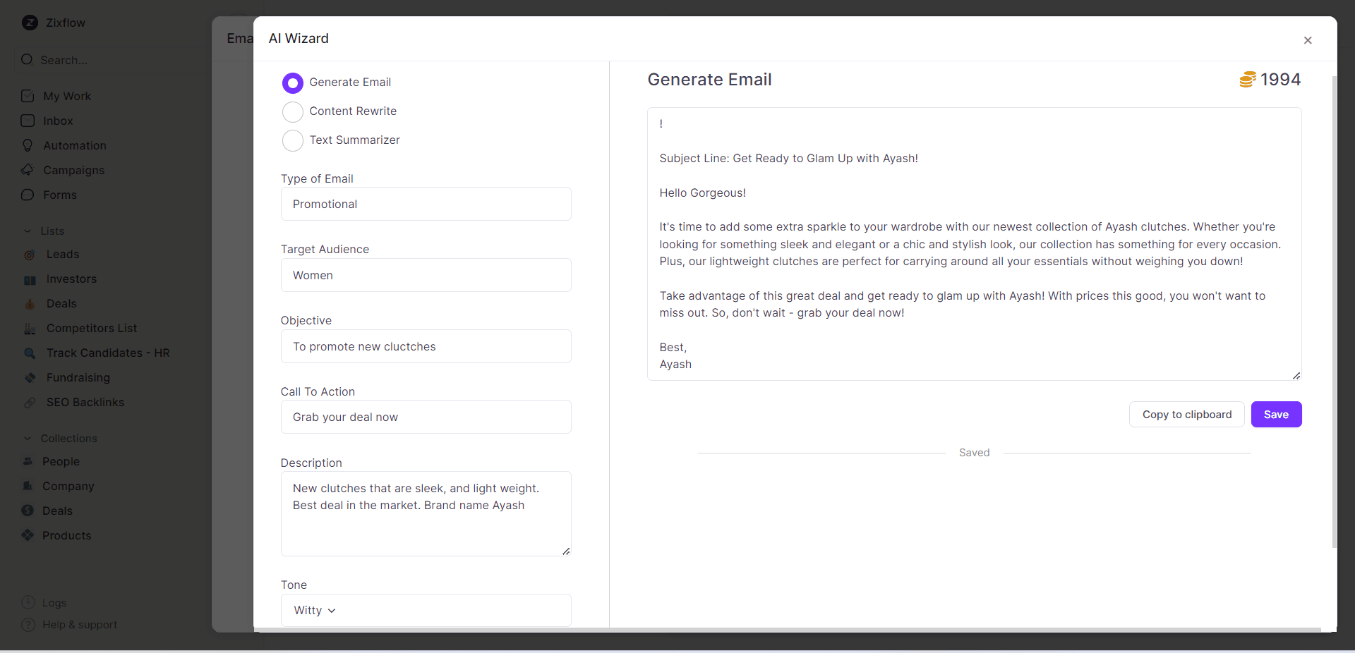 You can automate email follow ups on Zixflows’ dashboard- write emails with the help of AI Wizard.
