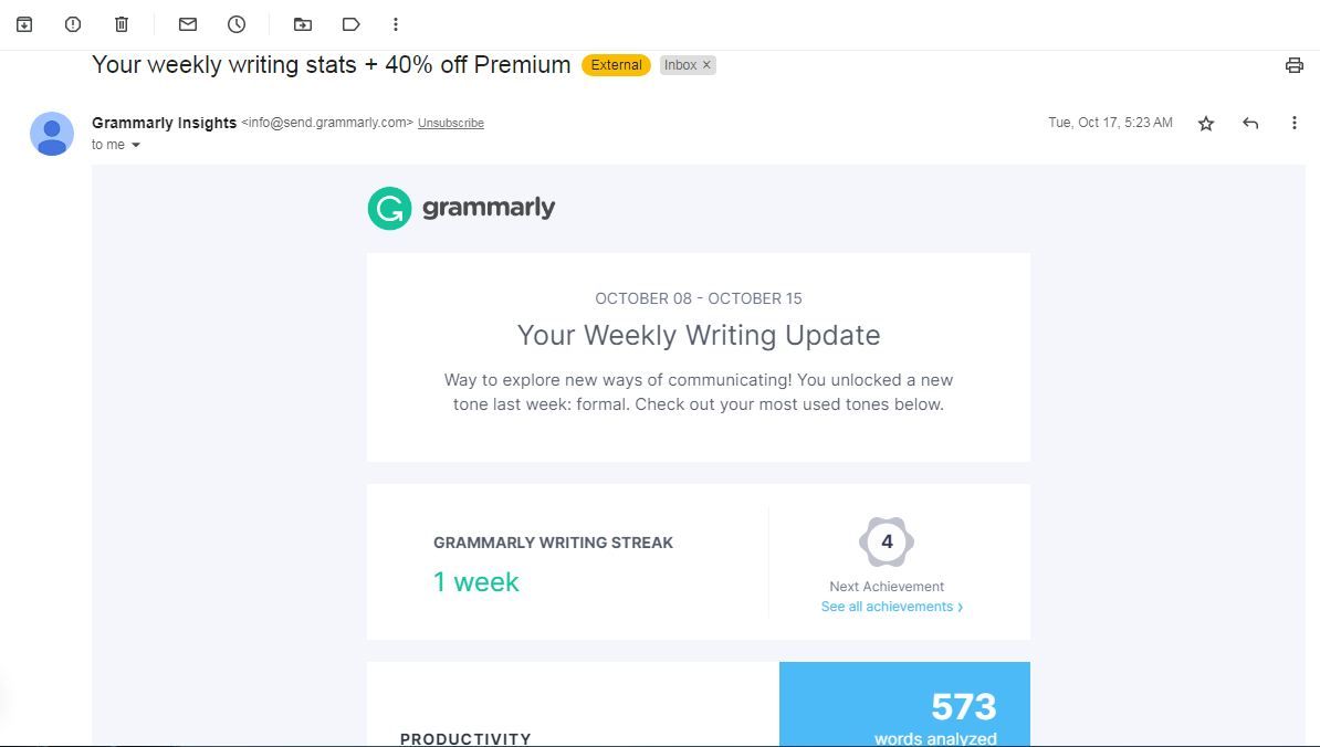 Grammarly provides its users with excellent weekly writing stats reports. Don’t miss out on this strategy to thrive in your attempt.