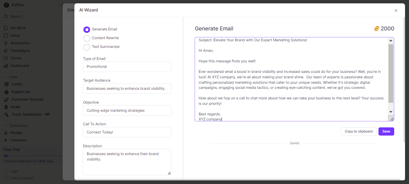Personalize email templates using Zixflow’s AI wizard which makes your communication with customers smoother and more efficient with this user-friendly feature.