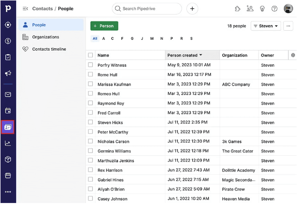 Through Pipedrive’s contacts list view you can easily handle contacts. (Source)