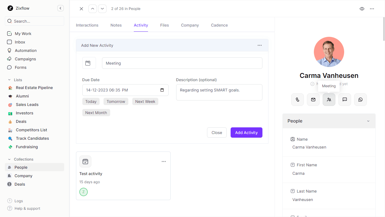 Use Zixflow’s meeting scheduler for automated reminders to never miss a meeting with clients and achieve your SMART sales goals with ease.