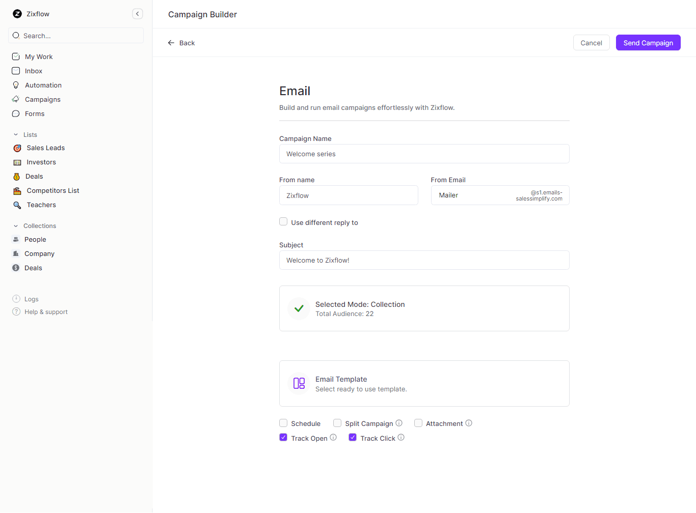 Zixflow’s no-code campaign builder to run multichannel marketing campaigns.