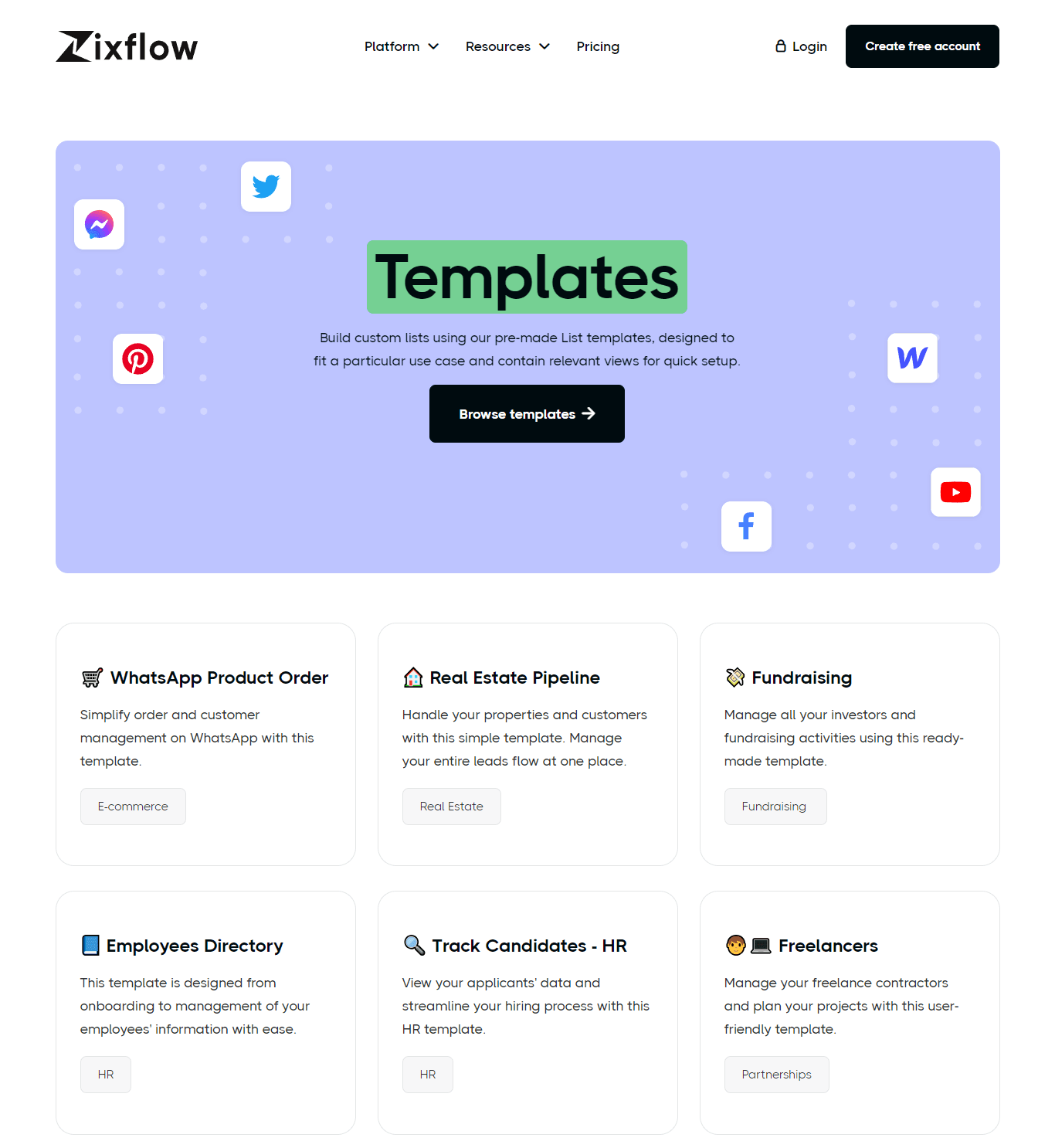 Various list templates you can use to create custom lists in Zixflow.