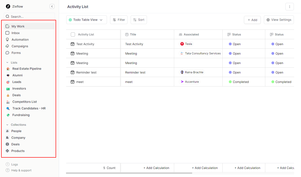 The comprehensive dashboard with all the relevant information to stay informed by Zixflow, a great sales cadence tool.
