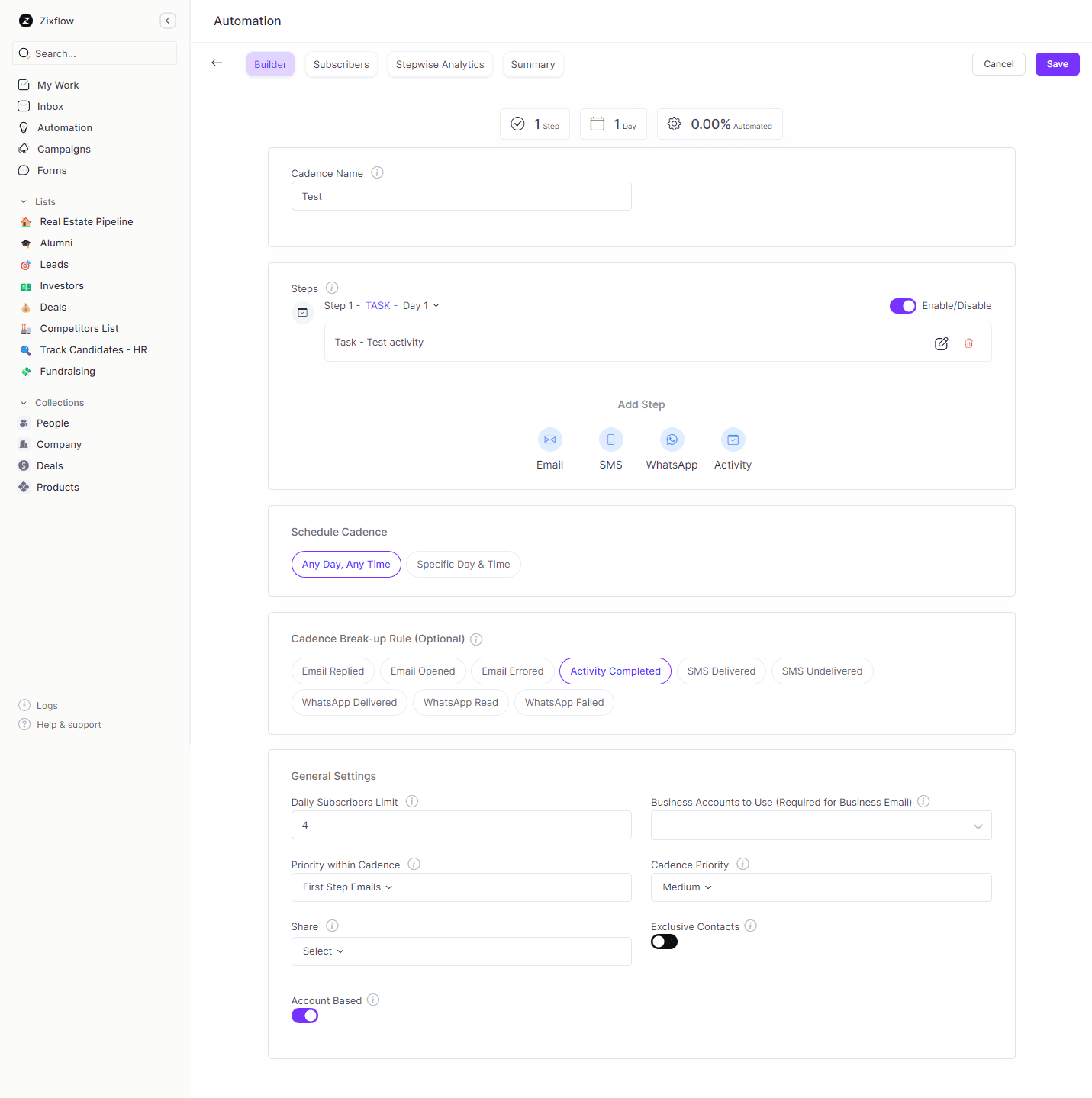 Build sales cadence with Zixflow, a well-known alternative to Infusionsoft, and ease your follow-up process to retain customers & increase sales while connecting your customers through multiple channels.