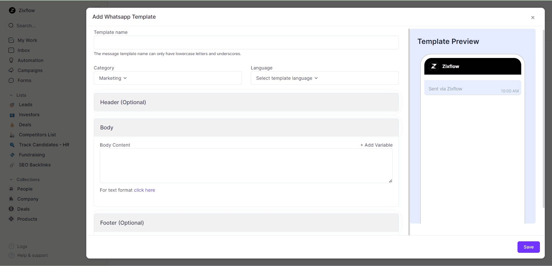 Customize your WhatsApp templates with Zixflow.