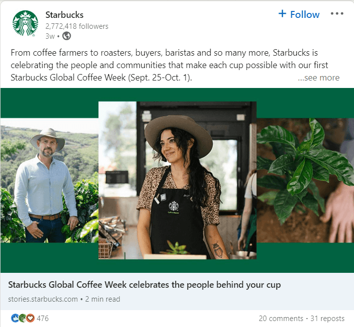 Starbucks’ smart approach of celebrating its customers on social media for worthwhile engagement.(Source: LinkedIn)