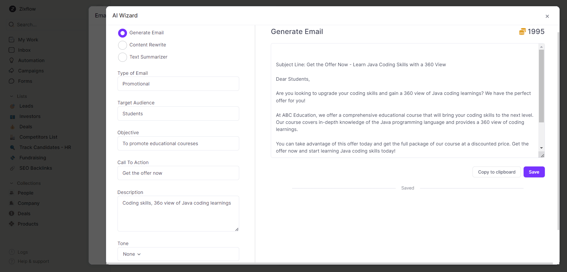 Write your email content with Zixflow’s built-in AI writer.