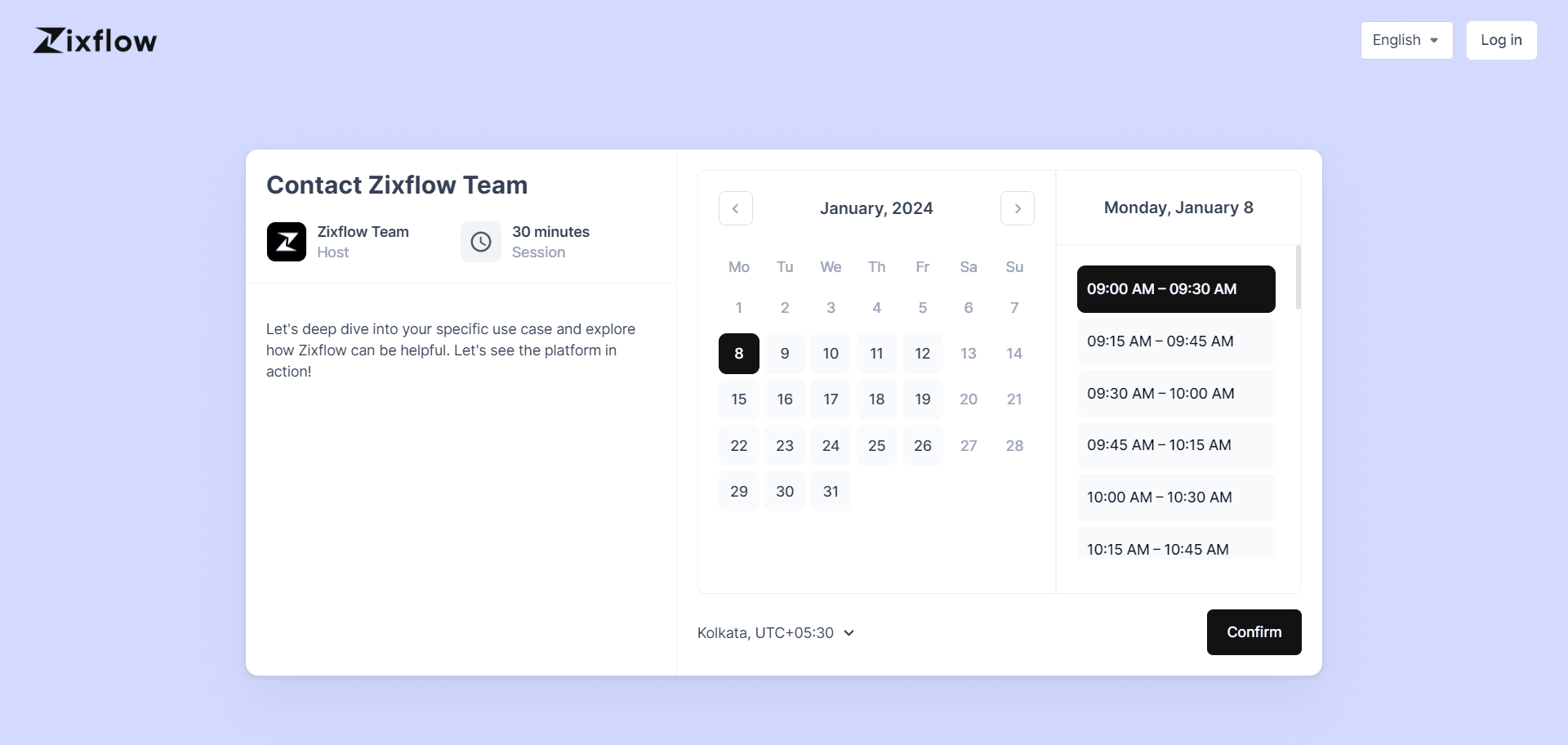 Demo scheduler screen on the website of Zixflow that allows prospects to book a personalized demo at their convenience