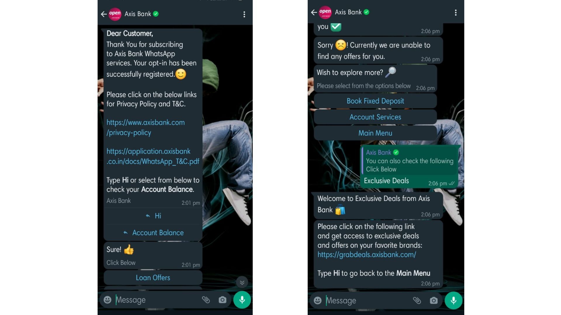 To welcome customers & promote offers, captivating WhatsApp advertising messages are sent by Axis Bank, a leading Indian bank.