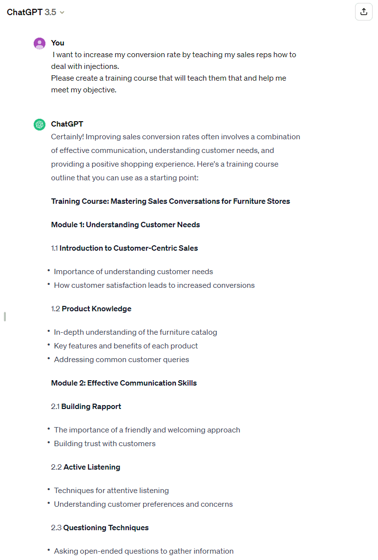 Free-to-use generative AI tools for sales like ChatGPT can help you create courses for your sales steps with ease.