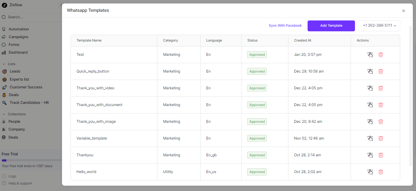 Zixflow provides several WhatsApp templates for your ease.