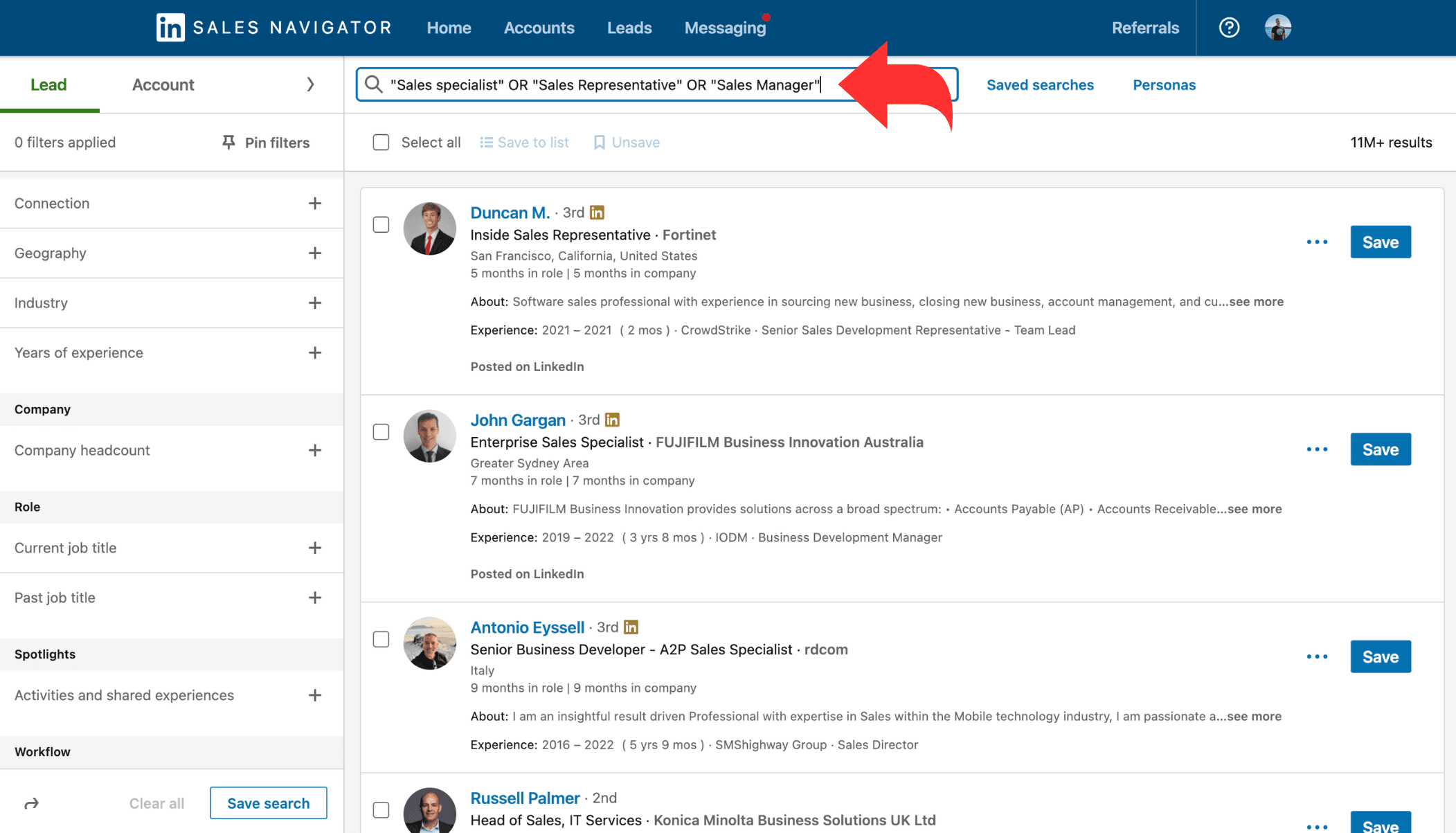 Boolean search feature of LinkedIn sales navigator to help narrow down specific categories of leads that best suit your ideal prospect requirement.(Source)
