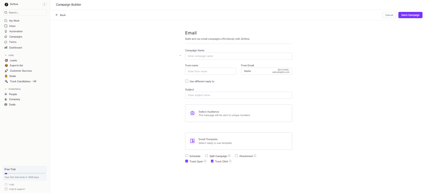 Zixflow, an easy-to-use alternative to Mailchimp, enables you to quickly create email campaigns using its email campaign builder.