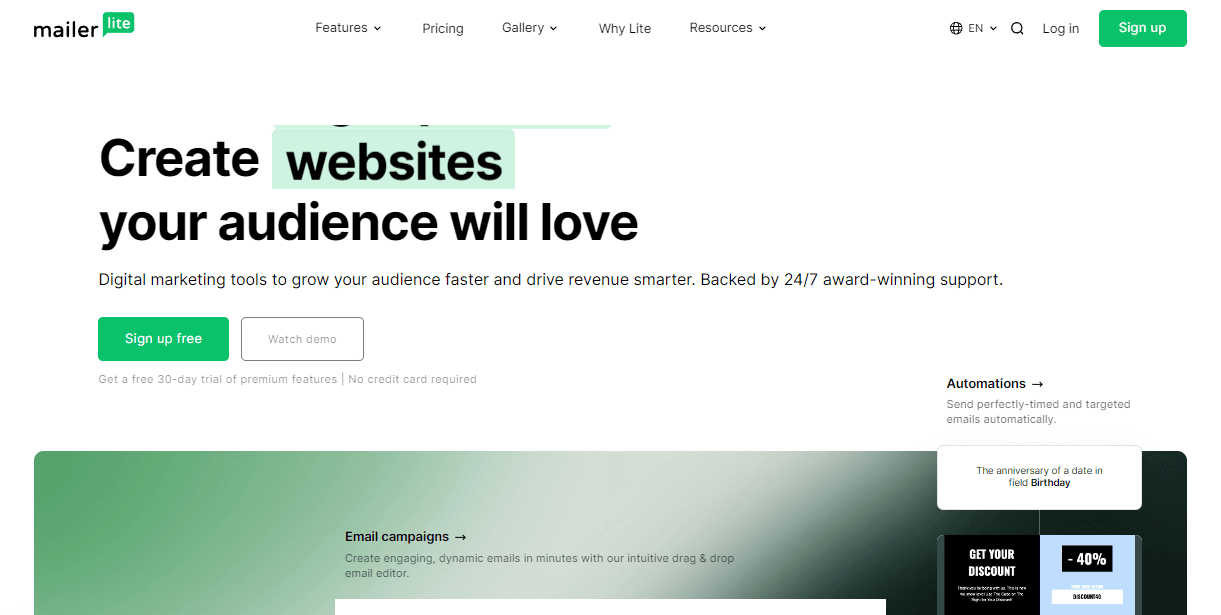 Home page of MailerLite, an email marketing alternative to Mailchimp.