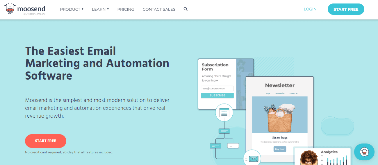 Home page of Moosend, a cloud-based alternative to Mailchimp.