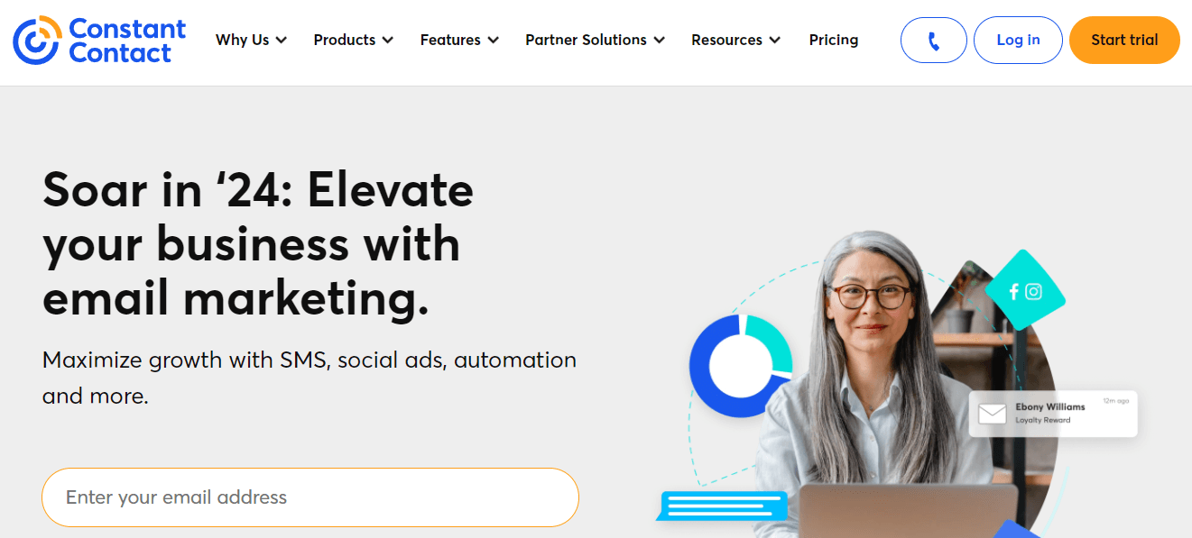 Home page of Constant Contact, a digital marketing alternative to Mailchimp.
