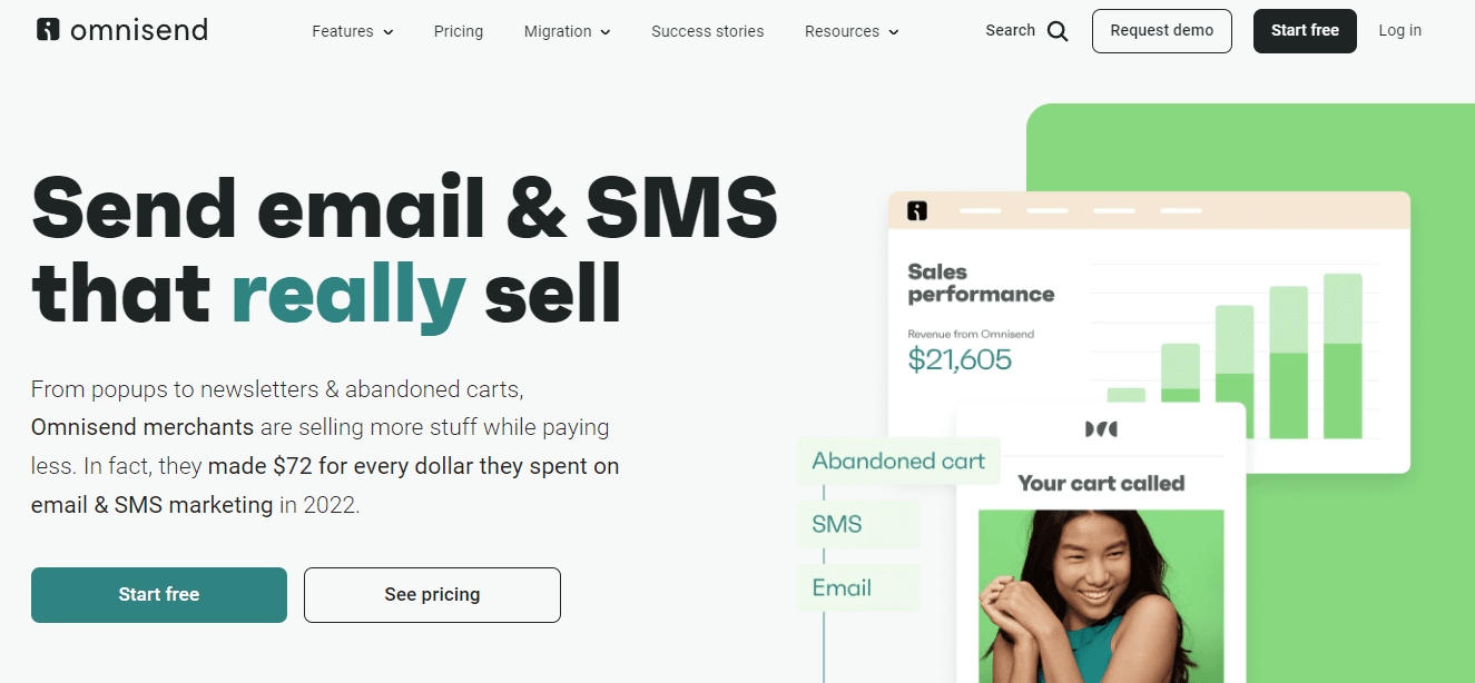 Home page of Omnisend, an e-commerce alternative to Mailchimp.