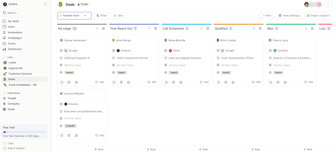 Zixflow provides a kanban view option to visualize deals easily.