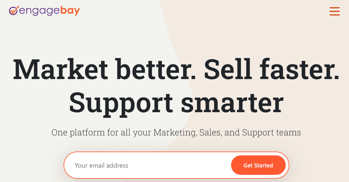 Home page of EngageBay, an all-in-one marketing, sales, and support alternative to ActiveCampaign.