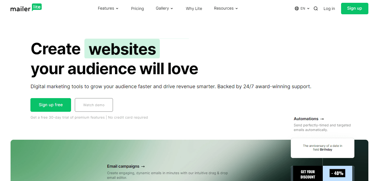 Home page of MailerLite, the best alternative to ActiveCampaign.