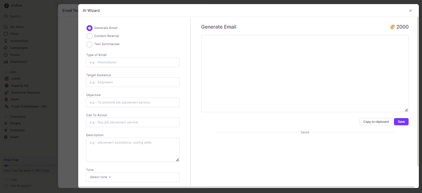 Zixflow allows you to generate emails using AI wizard to help you work in less time.