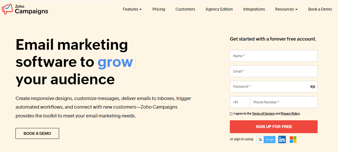 Home page of Zoho Campaigns, the best alternative to ActiveCampaign.