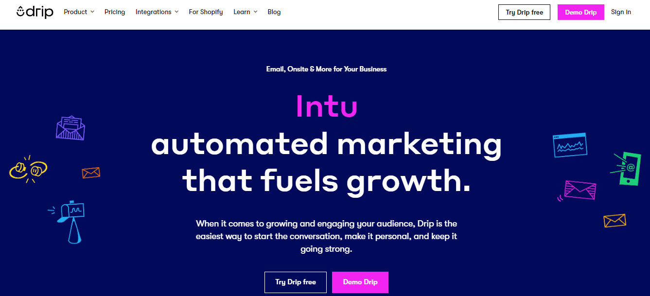 Home page of Drip, a marketing automation alternative of ActiveCampaign.