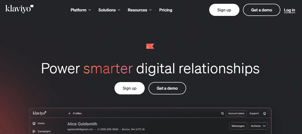 Home page of Klaviyo, the best marketing automation alternative to ActiveCampaign.