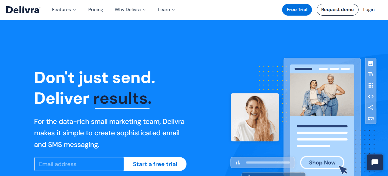 Home page of Delivra, an email and SMS marketing alternative to ActiveCampaign.