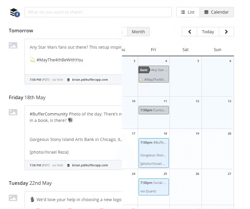 Social media content scheduler in Buffer.