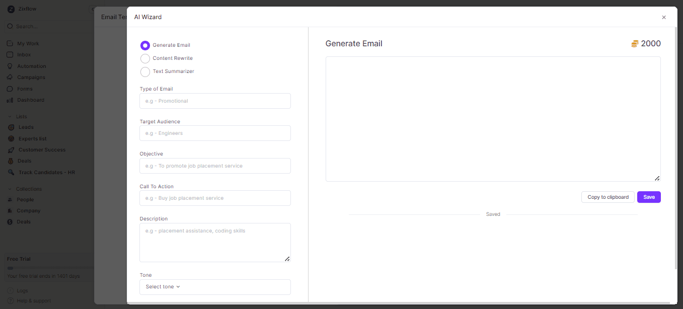 Zixflow allows you to generate emails through the AI wizard.