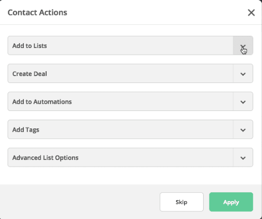 A picture of ActiveCampaign’s contact actions options