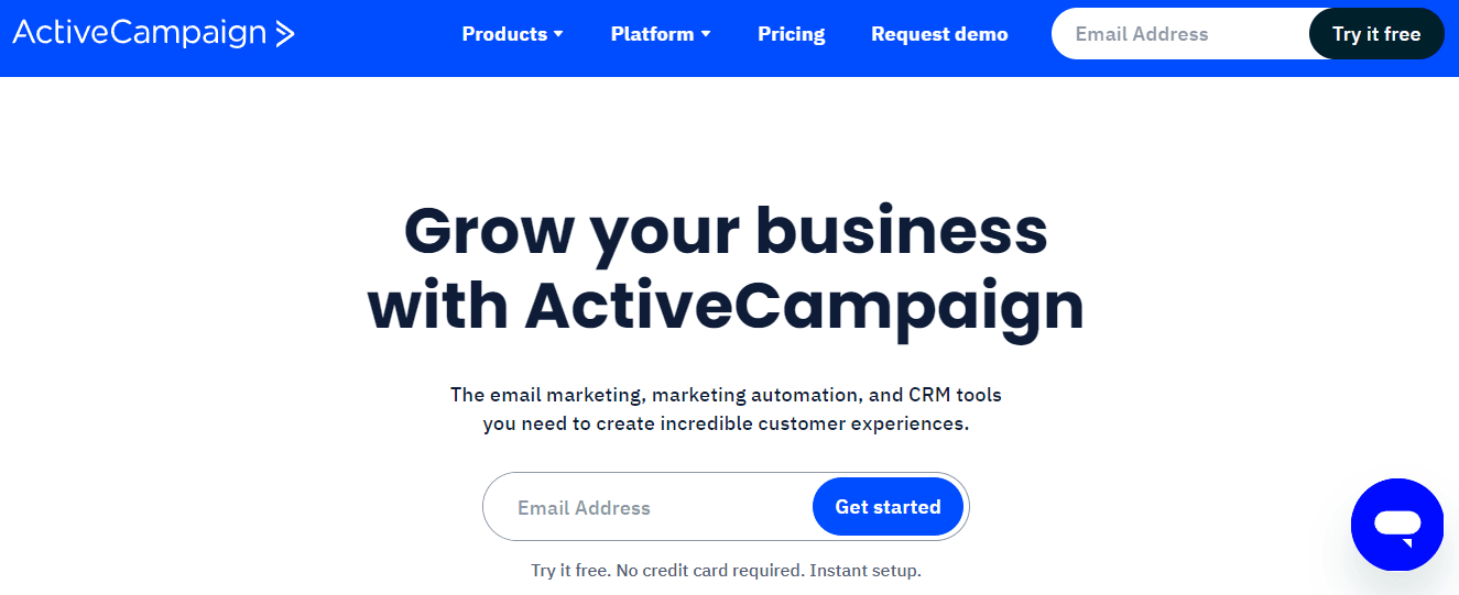Home page of ActiveCampaign an email marketing platform.