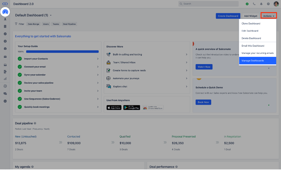 Salesmate provides an easy-to-use dashboard with several options like action in which you can close the dashboard, edit it, and many more.