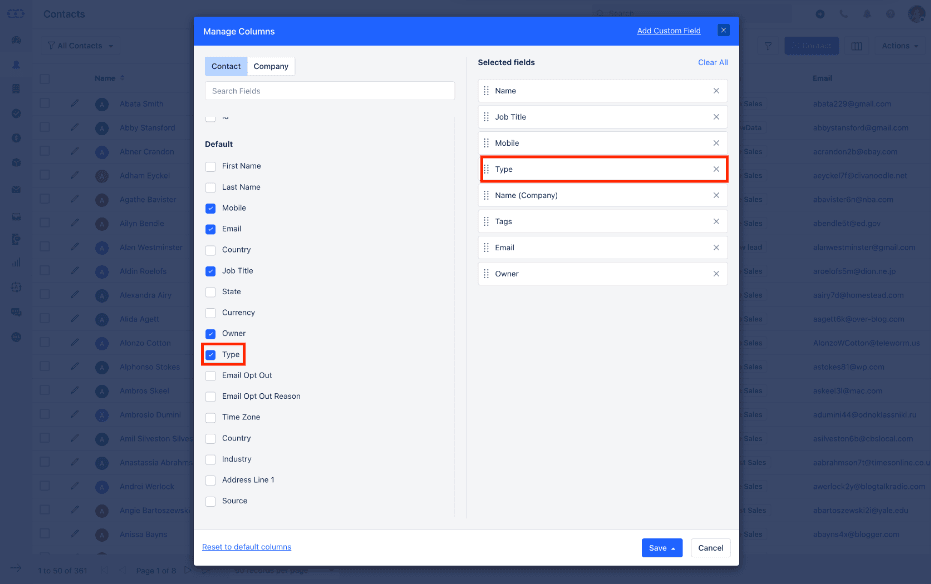 Salesmate provides a contact management feature in which you can effortlessly manage columns and select fields like email, type, owner, etc.