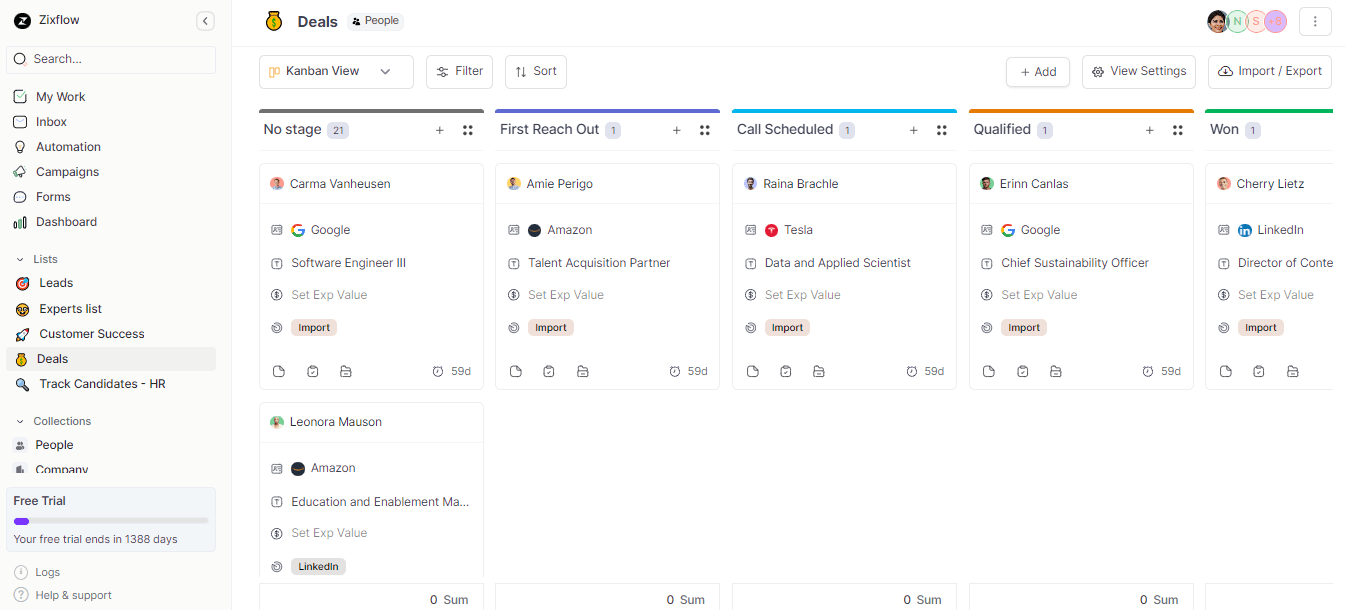 Through Zixflow’s Kanban View you can easily view your deals and manage them accordingly.