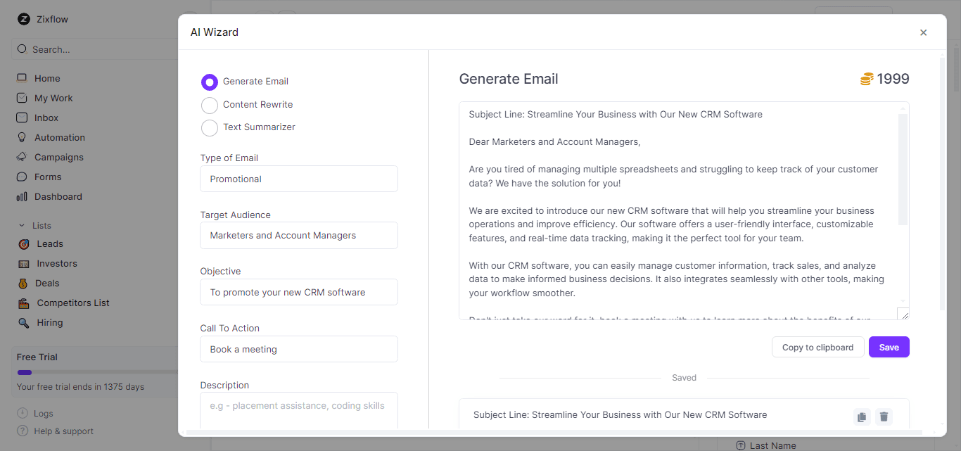 Zixflow’s AI Wizard allows you to generate tailored email content in a matter of seconds.