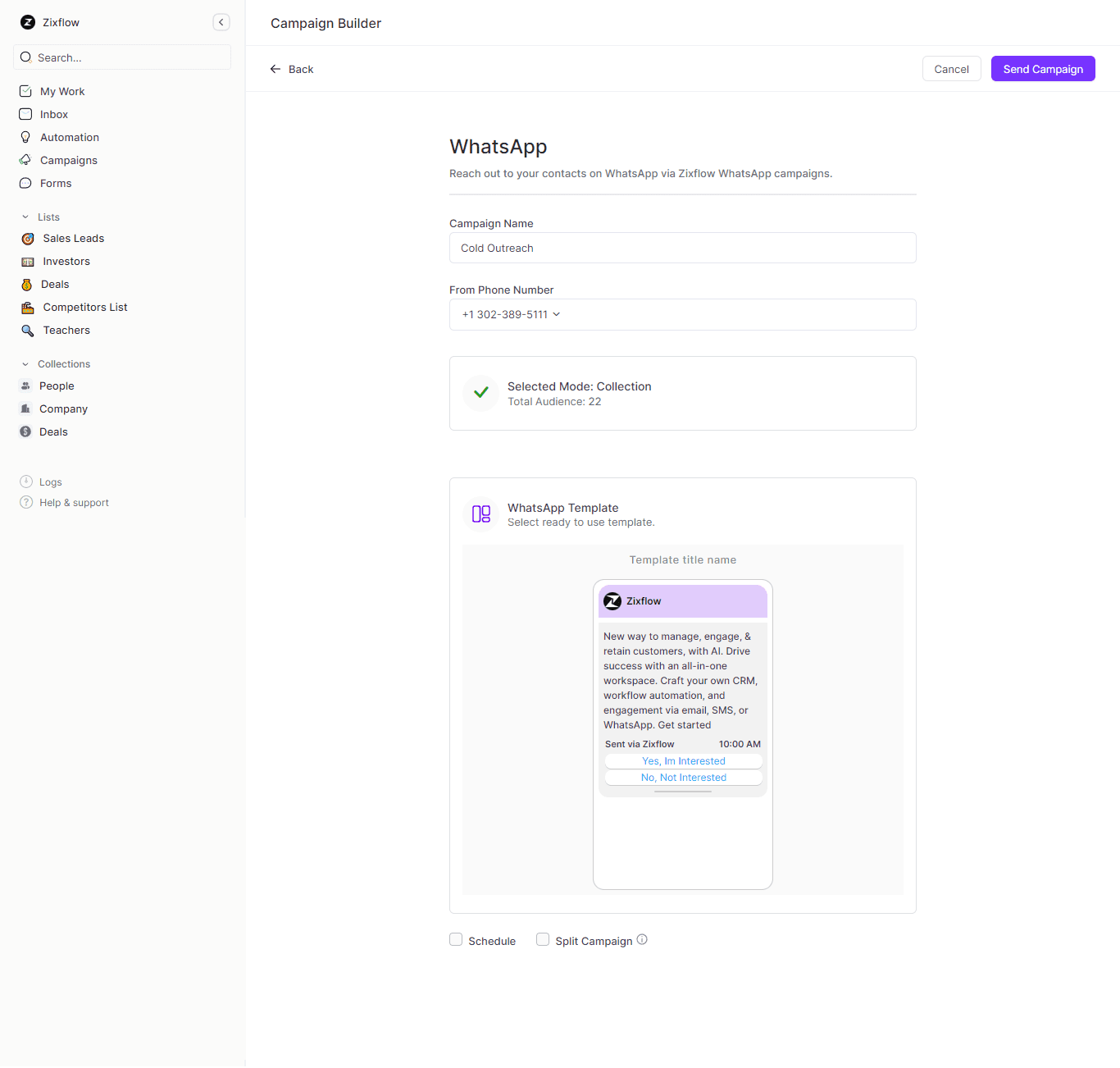 The no-code campaign builder of Zixflow that you can use to run outreach campaigns with ease.