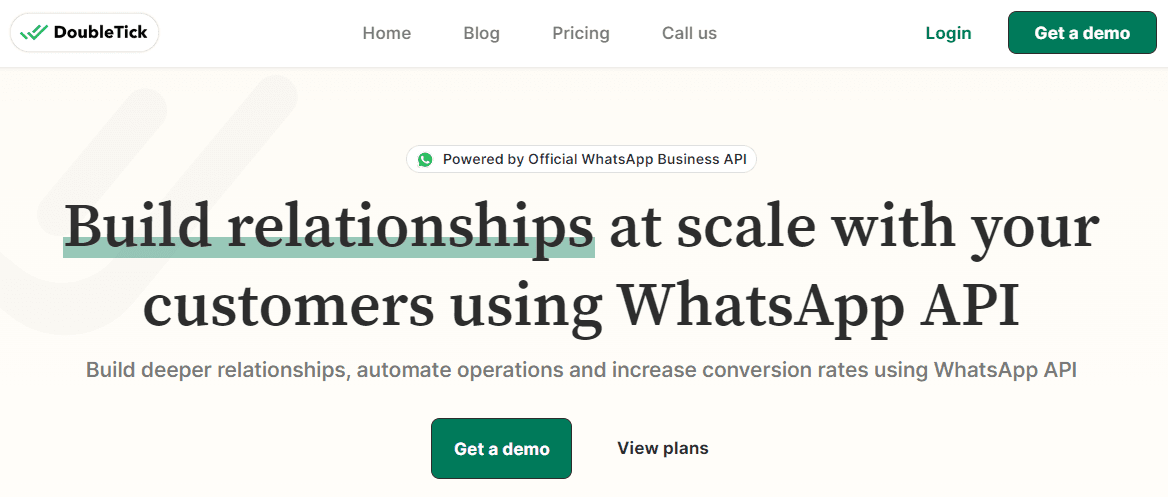 Home page of DoubleTick, a WhatsApp API alternative to 360dialog.
