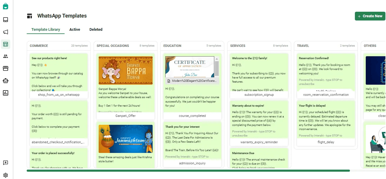 Various WhatsApp messaging templates in Interakt. Source