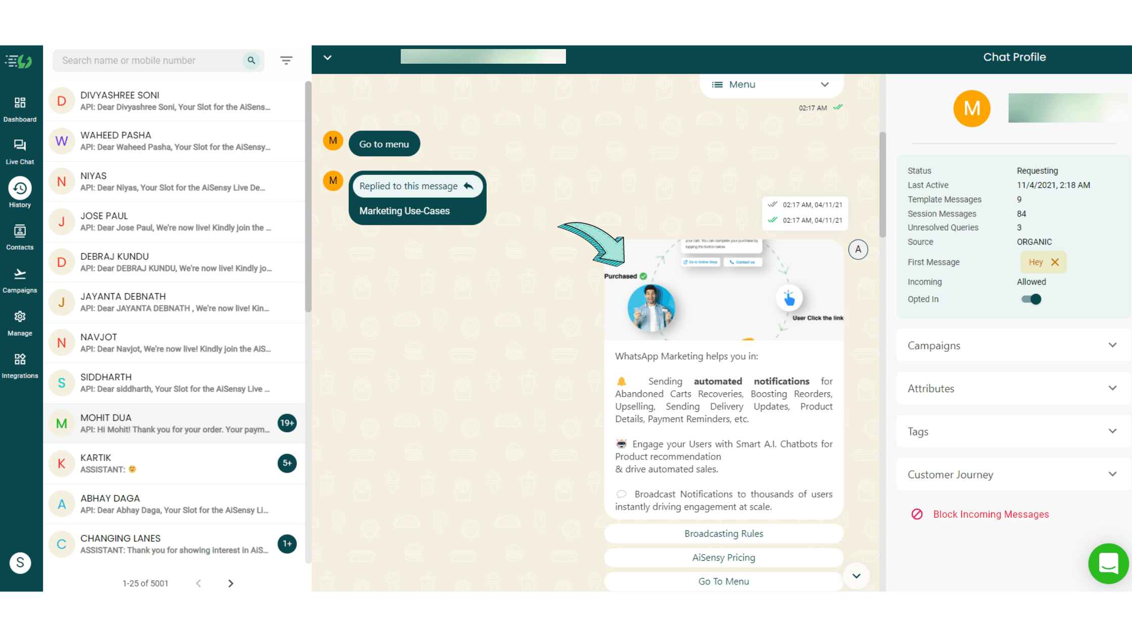 Chat history in AiSensy. Source