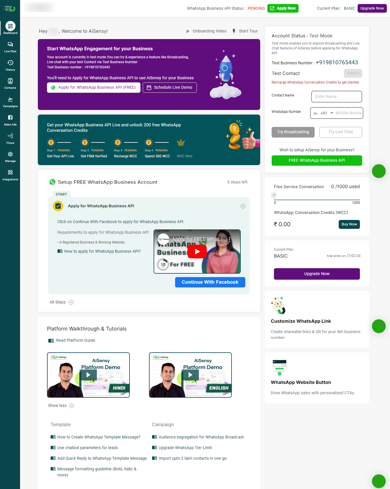 User interface of AiSensy.